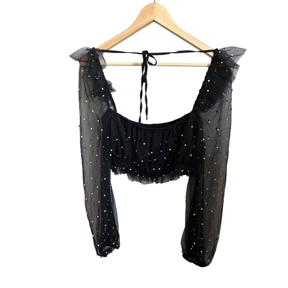 CAMILA Coelho Revolve Suza Crop Mesh Sleeve Top in Black Multi Pearl Dot Large - Picture 7 of 8
